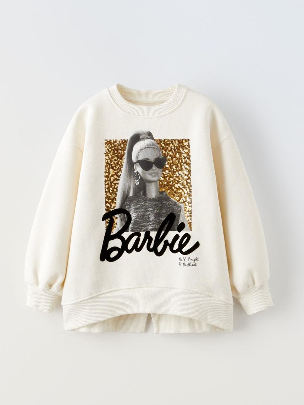 Zara Barbie Cream Sweatshirt Gold Sequins Girls Size 8-9 Sweater Crewneck